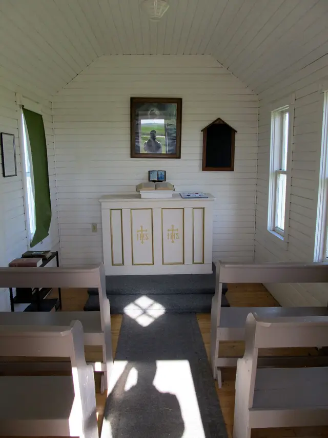 Inside the tiny St. John's Lutheran church replica